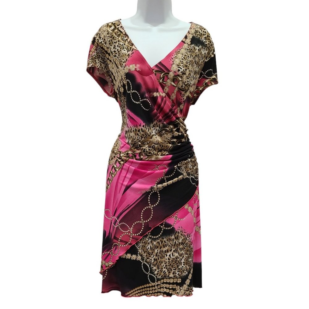 Vintage Joseph Ribkoff Wrap Dress Chains Cheetah Print Gold/Pink/Black Size 14